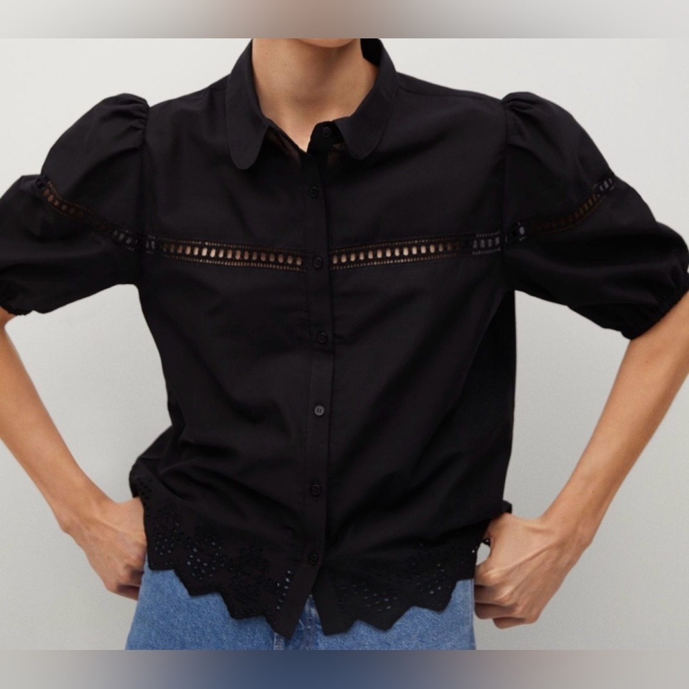 Mango Black Lace Detail, Puffed Sleeve Black Cotton Blouse Size 4